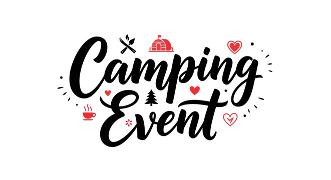 Camping event title in black and red