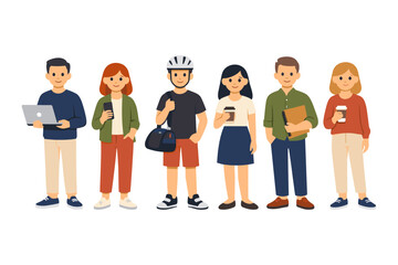 Fototapeta premium Group of diverse cartoon characters standing together with various accessories