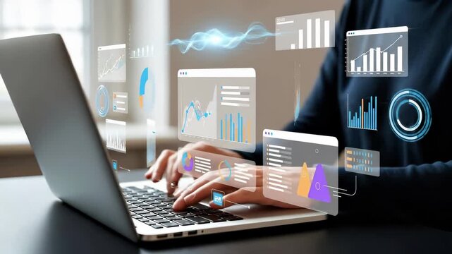 Business professional analyzing data analytics dashboard with virtual statistics charts and graphs on laptop. Digital intelligence visualization for performance monitoring and reporting