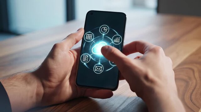 Smartphone with business productivity app interface and icons. Mobile application dashboard with calendar, analytics charts, email, and document management. Digital technology and tool concept.
