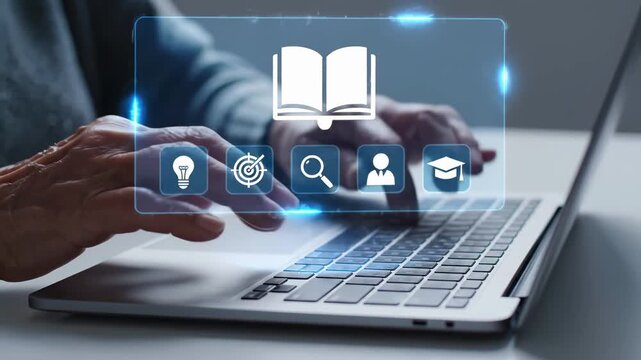 Online education platform with laptop and digital learning icons. Book, lightbulb, target, search, user profile, and graduation cap symbols. Elearning technology and virtual training concept.