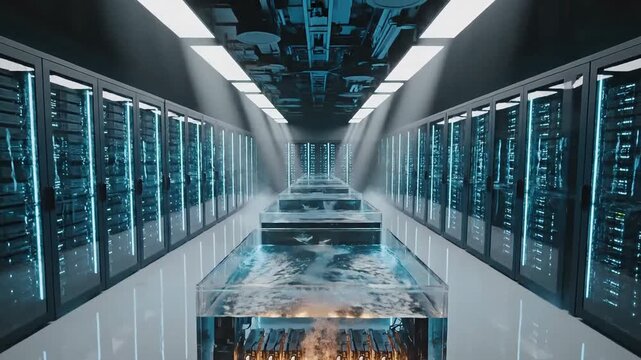 Zoom out from boiling immersion cooling tank to futuristic data center aisle. Long server room corridor with glass liquid cooling tanks and racks