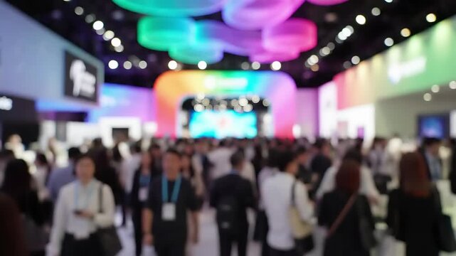 Blurred exhibition hall with crowd at tradeshow or conference event. Business expo with booths, screens, and stage. Corporate convention center with attendees and promotional displays.