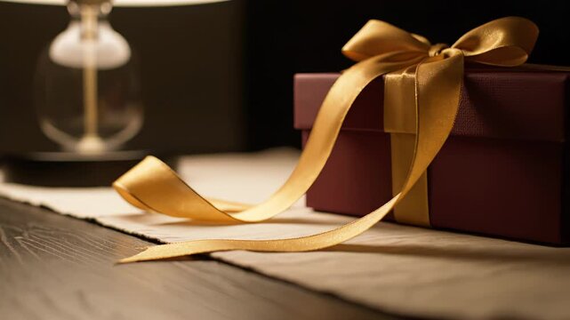 Elegant Deep Red Gift Box Tied With a Luxurious Gold Ribbon Accentuated by Soft Warm Lighting and a Blurred Table Lamp in a Dark Interior Setting