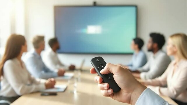 Business presentation with remote control and data dashboard on screen. Corporate meeting room with team viewing analytics charts and graphs. Professional conference and collaboration technology.