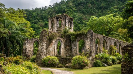 Obraz premium Moss-Covered Stone Ruins Nestled Among Dense Forest