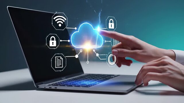 Cloud computing security concept with laptop and digital icons. Data storage, encryption, wireless connectivity, and document management network. Cybersecurity and protected information technology.