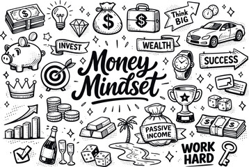 Fototapeta premium Money Mindset Doodle Art: Symbols of Wealth, Success, and Financial Growth