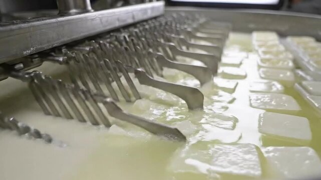 Machinery processes milk into curds, showcasing continuous action with a close-up view of the mixing blades and curd formation, camera zooms in
