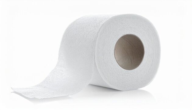Saubere Toilettenpapierrolle mit abgerolltem Blatt auf wei&szlig;em Hintergrund