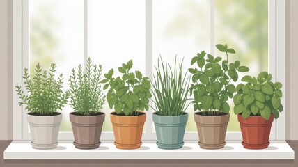 Fototapeta premium Bright kitchen windowsill with six pots of fresh green herbs, bathed in natural light, representing home gardening, sustainability, and healthy lifestyle choices