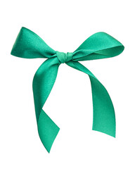 Green satin ribbon bow isolated on white background, festive gift decoration
