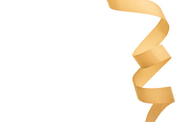 Golden decorative ribbon curl isolated on white background, festive design element