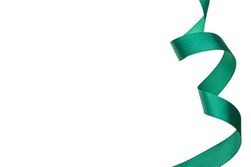 Green satin ribbon curl isolated on white background, festive decorative element