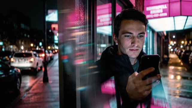 Smiling man using smartphone in night city street with pink neon lights and rainy window reflections for cinematic mobile app engagement and digital connectivity concept