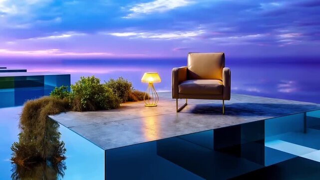 A chair sitting on top of a table next to a pool