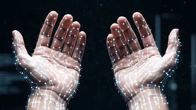 Futuristic Hands with Glowing Circuitry and Dark Background with Technological Interface Design for Digitalization