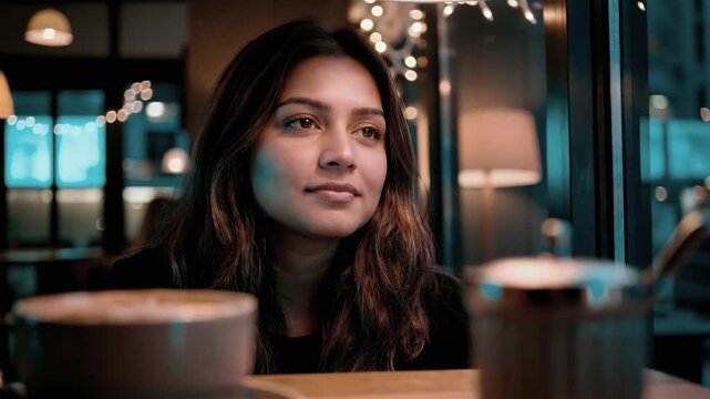 Thoughtful South Asian woman sitting in cozy night cafe with coffee looking out window for mental health wellness and authentic city lifestyle storytelling concept