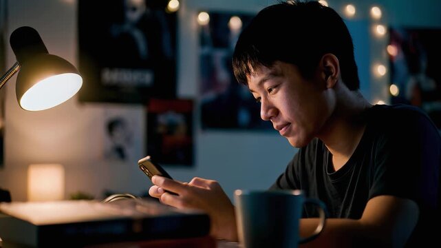 Smiling young Asian man using smartphone at night desk with warm lamp light and coffee for distance learning student lifestyle and mobile app connectivity concept