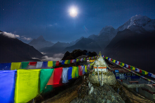 Full Moon Over Ama Dablam with Prayer Flags Nepal