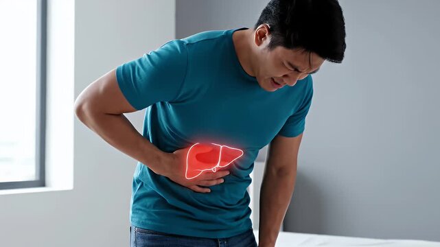 Young Man Clutching Abdomen with Liver Overlay Displaying Symptoms of Pain and Discomfort in Clinical Setting