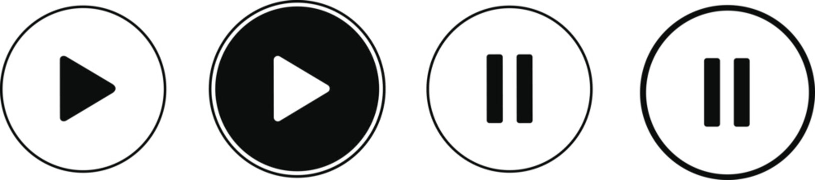 Vector illustration of circular play and pause media control icons in contrasting black-and-white minimalist design symbolizing audio and video playback