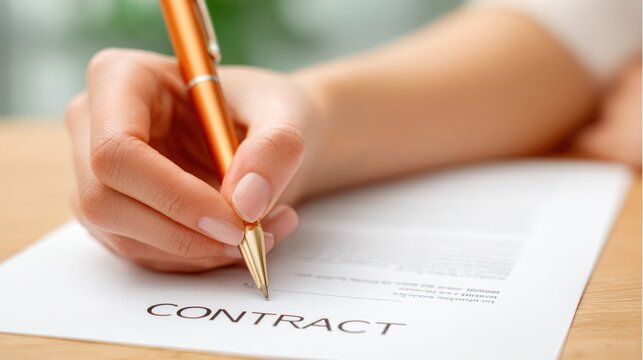 Hand signing business contract, finalizing an important agreement