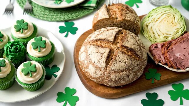 Traditional St. Patrick's Day feast with soda bread, corned beef, and sweet green shamrock cupcakes. Holiday celebration atmosphere