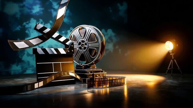 A movie clapper board and a film reel on a stage