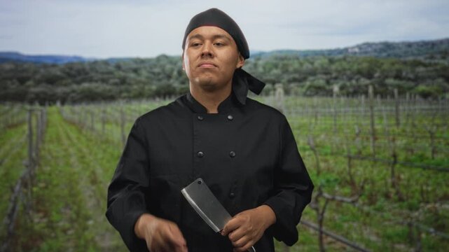 Man chef in black uniform holding cleaver in hands while looking to side in forest vineyard rows; confidence craft skill tradition.
