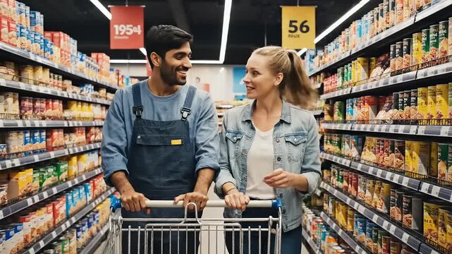 Two women shopping in a brightly lit supermarket aisle filled with various grocery items