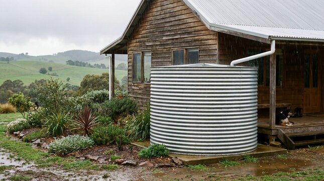 Rain falls on a rustic country house with a large metal water tank and a resting dog