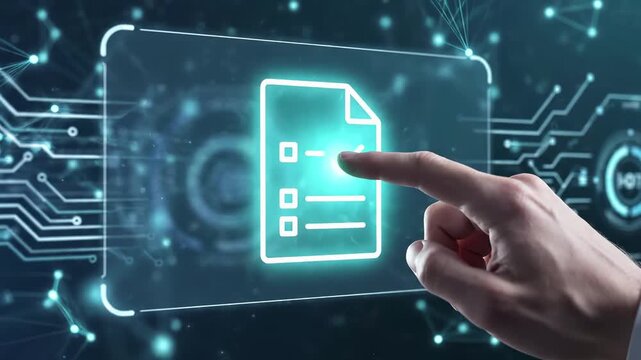 Finger pointing at a glowing holographic checklist document on a futuristic digital interface. Circuit board network background. Task management, compliance and smart technology concept.