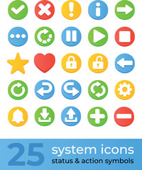 Flat UI icon set illustrating system status, navigation arrows, user actions, notifications, and interface symbols for mobile apps and web design