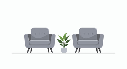 Fototapeta premium A pair of modern gray lounge chairs with a small green houseplant in a pot placed centrally between them.