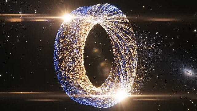 A glowing ring of stars and cosmic dust surrounding a dark void in space