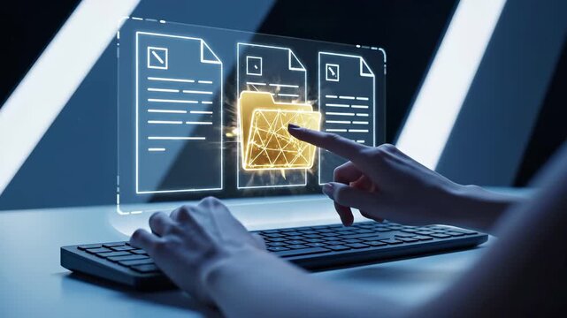 Digital document management system with laptop and holographic folder icons. Electronic file organization and data storage interface. Business workflow and information technology concept.