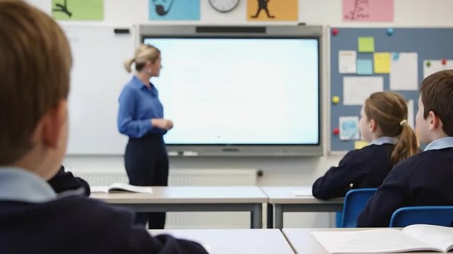 Classroom scene with students raising hands to participate while teacher gestures towards interactive display, engaging learning environment in progress