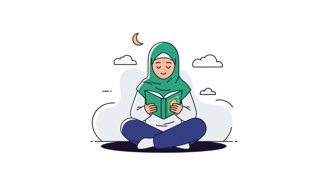 Young woman in hijab reading book, peaceful and focused