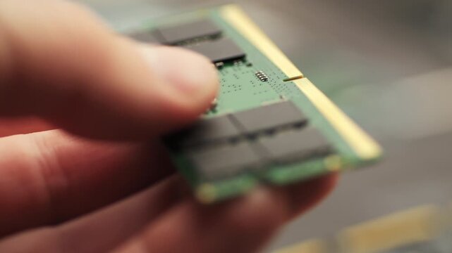 Hand holding DDR5 RAM module outside computer system