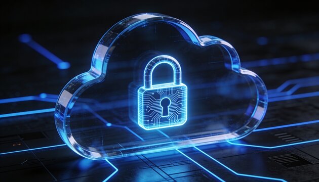 Cybersecurity lock inside cloud symbolizing secure cloud services, data privacy, encryption and digital protection, modern IT security and cloud computing concept