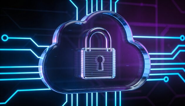 Cybersecurity lock inside cloud symbolizing secure cloud services, data privacy, encryption and digital protection, modern IT security and cloud computing concept