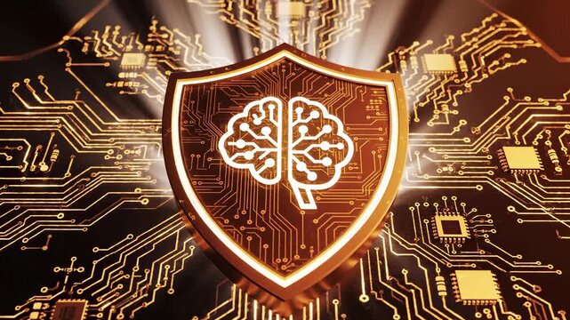 Glowing shield with ai brain on a circuit board with microchips. Artificial intelligence cybersecurity protection and intelligent defense concept. Digital neural network and data safety technology.