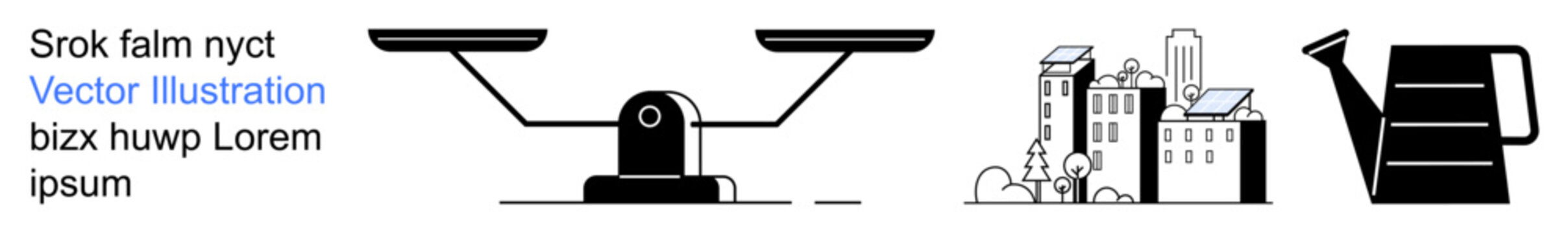 Justice, urbanization, sustainability, growth, agriculture, environment. A balance scale, cityscape and watering can in minimalist black-and-white design. Justice and urbanization with a focus on