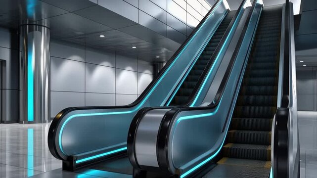 Modern escalators in a sleek urban transit hub illuminated by vibrant blue lights during the early morning commute