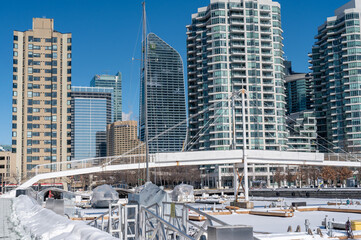 Fototapeta premium Toronto's modern city skyline featuring tall skyscrapers and residential buildings, overlooking the frozen marina and snow covered boardwalk on a clear winter day