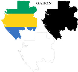 Gabon Country Maps Bundle with National Flag, Black Silhouette and Detailed Outline Contours