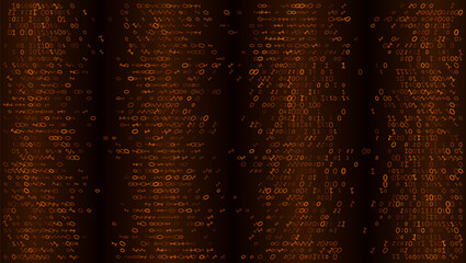 Rhythmic pillars of glowing bronze binary code cascade through a dark virtual void. This artistic visualization of structured data represents industrial computing power, high-speed processing, and the © ryzhi