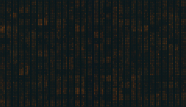 A sprawling horizontal array of amber and orange binary digits. The organized vertical columns create a dense field of data, suggesting the high-performance throughput of a modern server farm or a syn