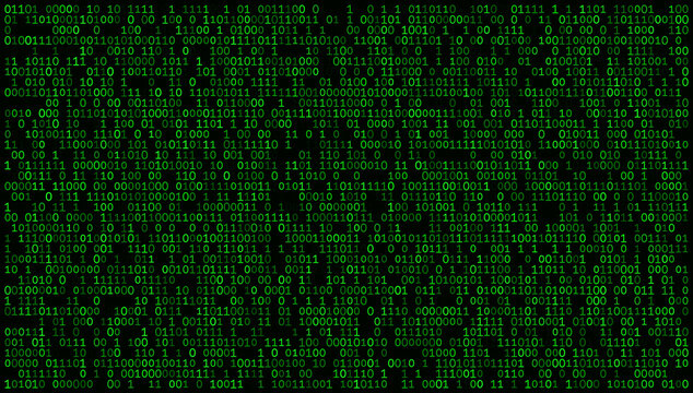A vibrant, high-contrast screen of electric green binary code pulsating against a deep black void. This dense digital tapestry represents the raw power of classical computing, hacking aesthetics, and 